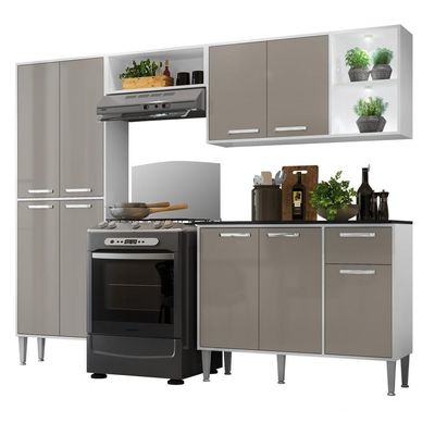 Cozinha Compacta C/ 2 Leds 4 Pçs Xangai Multimóveis V3414 Branca/Lacca Fumê Branco/Lacca Fumê