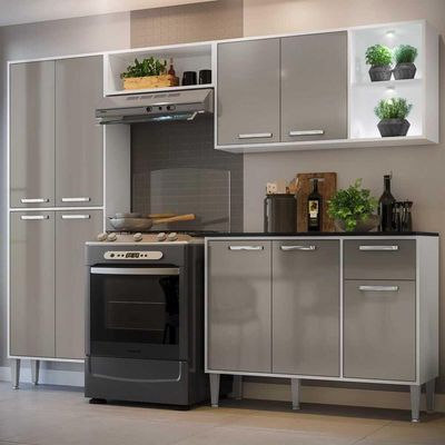 Cozinha Compacta C/ 2 Leds 4 Pçs Xangai Multimóveis V3414 Branca/Lacca Fumê Branco/Lacca Fumê