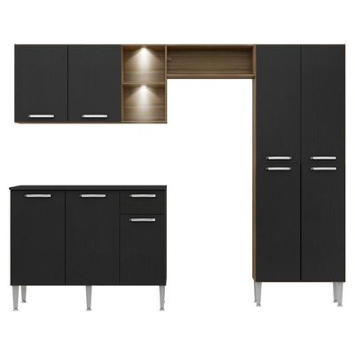 Cozinha Compacta C/ 2 Leds 3 Pçs Pequim Multimóveis V3412 Nogueira/Preta Nogueira/Preto