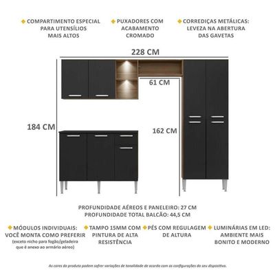 Cozinha Compacta C/ 2 Leds 3 Pçs Pequim Multimóveis V3412 Nogueira/Preta Nogueira/Preto