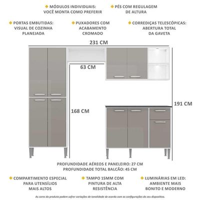 Cozinha Compacta C/ 2 Leds 4 Pçs Xangai Multimóveis V3414 Branca/Lacca Fumê Branco/Lacca Fumê