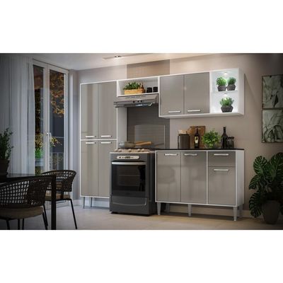 Cozinha Compacta C/ 2 Leds 4 Pçs Xangai Multimóveis V3414 Branca/Lacca Fumê Branco/Lacca Fumê