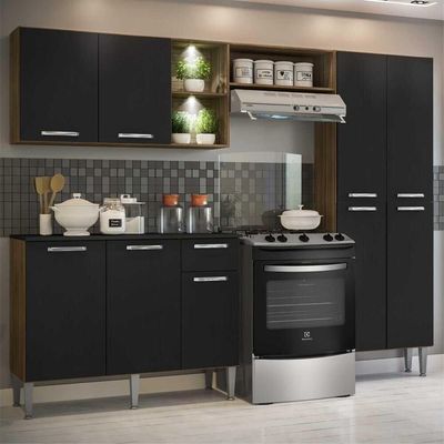Cozinha Compacta C/ 2 Leds 3 Pçs Pequim Multimóveis V3412 Nogueira/Preta Nogueira/Preto