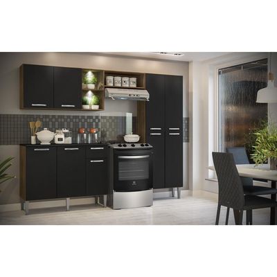 Cozinha Compacta C/ 2 Leds 3 Pçs Pequim Multimóveis V3412 Nogueira/Preta Nogueira/Preto