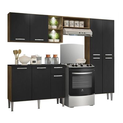 Cozinha Compacta C/ 2 Leds 3 Pçs Pequim Multimóveis V3412 Nogueira/Preta Nogueira/Preto