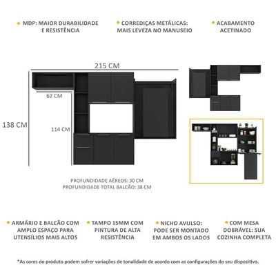 Armário De Cozinha Compacta Com Mesa Dobrável Sofia Multimóveis V2010 Preto Preto