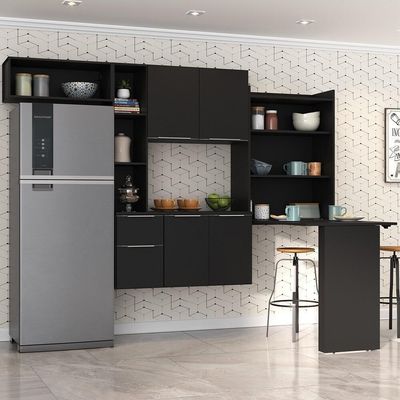 Armário De Cozinha Compacta Com Mesa Dobrável Sofia Multimóveis V2010 Preto Preto