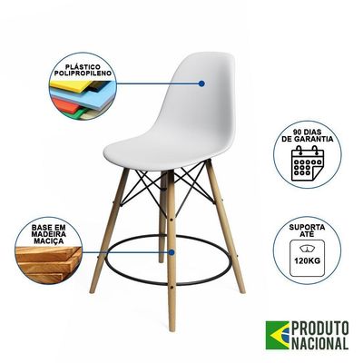 Banqueta Eames Eiffel De Madeira Assento Branco - Cor: Branco