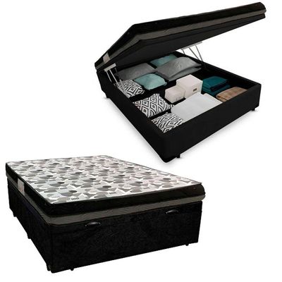 Cama Baú Casal Suede + Colchão Casal Ortobom Iso Dupla Face 60x138x188 preto