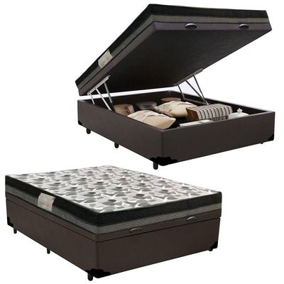 Cama Baú Casal Sintético + Colchão Casal Ortobom Iso Dupla Face 60x138x188 marrom