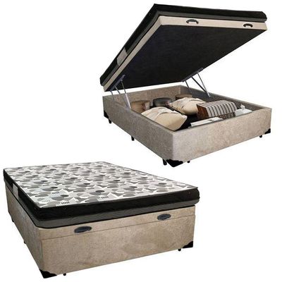 Cama Baú Casal Suede + Colchão Casal Ortobom Iso Dupla Face 60x138x188 bege