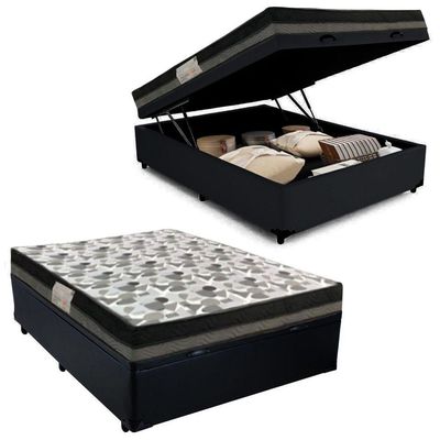 Cama Baú Casal Sintético + Colchão Casal Ortobom Iso Dupla Face 60x138x188 preto