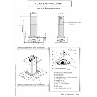 Coifa Ilha 90cm Vidro Reto Fogatti Inox 220v