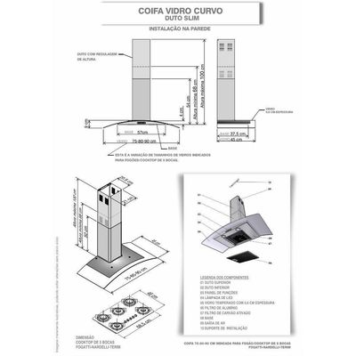 Coifa De Parede 90cm Vidro Curvo Duto Slim Fogatti Preto 110 110