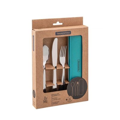 Conjunto Talher Aço Inox Com Estojo e Tampa Verde Tramontina