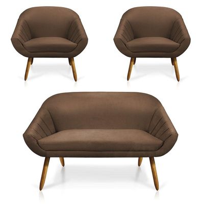 Kit 01 Namoradeira 02 Lugares e 02 Poltronas Giovana Suede Castanho Marrom