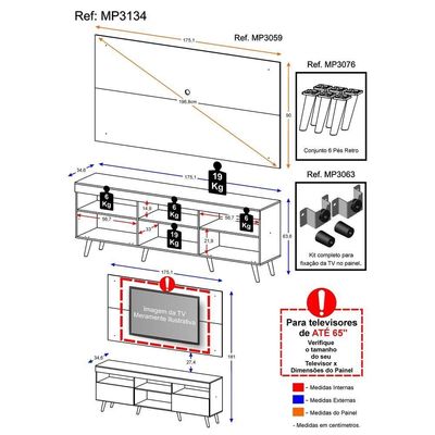 Rack com Painel TV até 65" e Pés Retrô Flórida Multimóveis