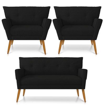 Kit 01 Namoradeira 02 Lugares E 02 Poltronas Anitta Linho Preto A79 Pés Palito Castanho