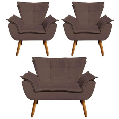 Kit 01 Namoradeira e 02 Poltronas Opala Suede Pés Palito