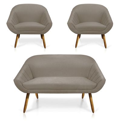 Kit 01 Namoradeira 02 Lugares e 02 Poltronas Giovana Suede Castanho Marrom Rato