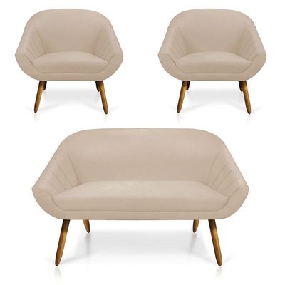 Kit 01 Namoradeira 02 Lugares e 02 Poltronas Giovana Suede Castanho Bege
