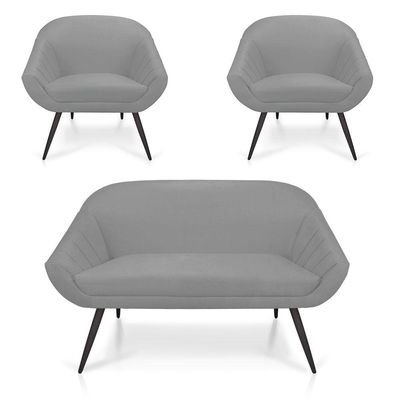 Kit 01 Namoradeira 02 Lugares e 02 Poltronas Giovana Suede de Ferro Cinza