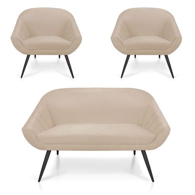 Kit 01 Namoradeira 02 Lugares e 02 Poltronas Giovana Suede de Ferro Bege