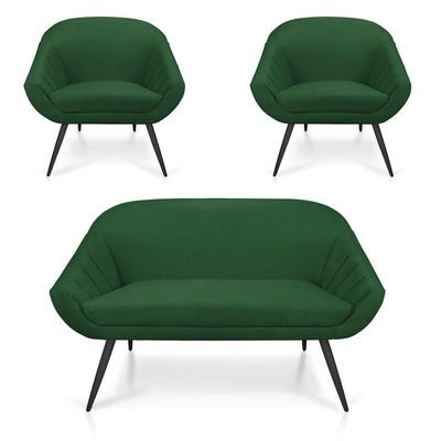 Kit 01 Namoradeira 02 Lugares e 02 Poltronas Giovana Suede de Ferro Verde