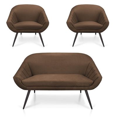Kit 01 Namoradeira 02 Lugares e 02 Poltronas Giovana Suede de Ferro Marrom