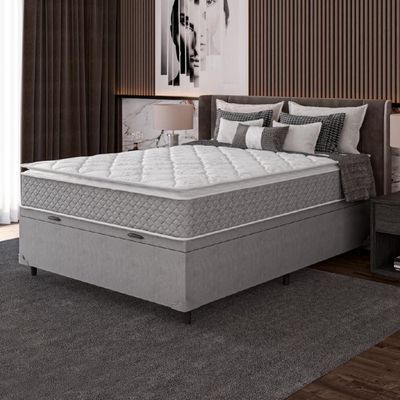 Cama Box Baú Casal Colchão Molas Ensacadas Pillow Top Perfect 138X188X74Cm Cinza/Branco