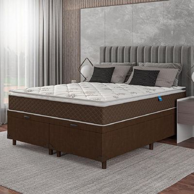 Cama Box Baú Casal Queen Colchão Molas Ensacadas Pillow Top Martino 158X198X66Cm Marrom/Branco