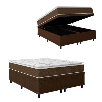 Cama Box Baú Casal Queen Colchão Molas Ensacadas Pillow Top Martino 158X198X66Cm Marrom/Branco