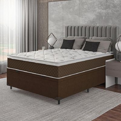 Cama Box Baú Casal Colchão Molas Ensacadas Pillow Top Martino 138X188X66Cm Marrom/Branco