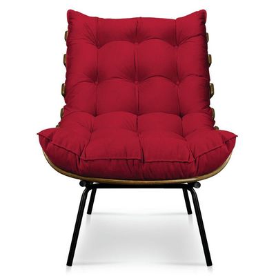 Kit Poltrona Costela Com Puff Para Sala Veludo Vermelho