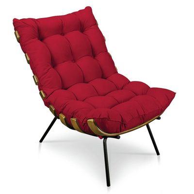 Kit Poltrona Costela Com Puff Para Sala Veludo Vermelho