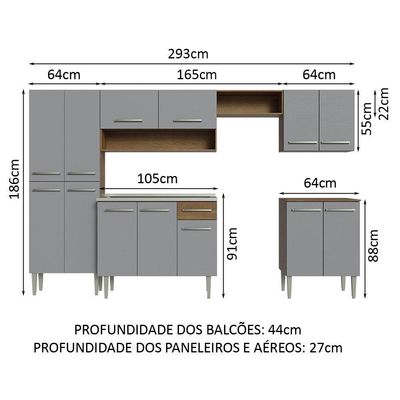 Armário De Cozinha Completa 293cm Com Pia Rustic/cinza Emilly Madesa 08 Rustic/cinza
