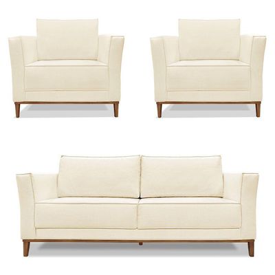 Kit 2 Poltronas E Sofá 2 Lugares 1,70m Pés Castanho Bege