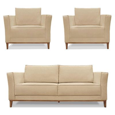 Kit 2 Poltronas E Sofá 2 Lugares 1,70m Pés Castanho Dourado