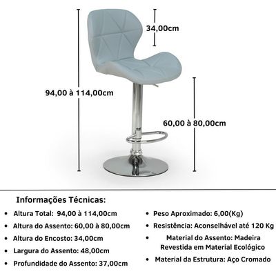 Banqueta Alta Slim Estofada Giratória Com Regulagem De Altura - Cinza