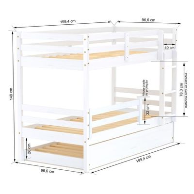 Treliche Solteiro Slim Com Grade De Proteção Madeira Maciça Branco Housin