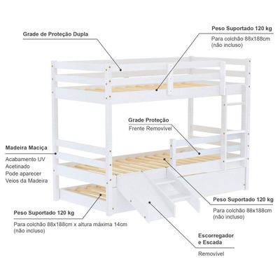 Treliche Solteiro Infantil Slim E Mini Escada/escorregador Madeira Maciça Branco Housin