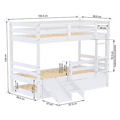 Treliche Solteiro Infantil Slim E Mini Escada/escorregador Madeira Maciça Branco Housin
