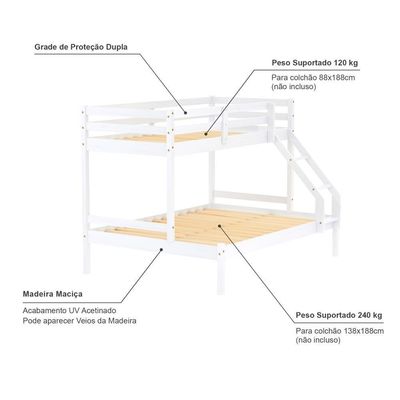 Beliche Com Cama Casal Slim Madeira Maciça Branco Housin