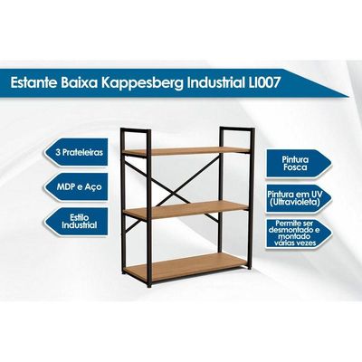Estante para Sala Industrial Baixa LI007 c/ 3 Prateleiras Freijo/Preto - Kappesberg
