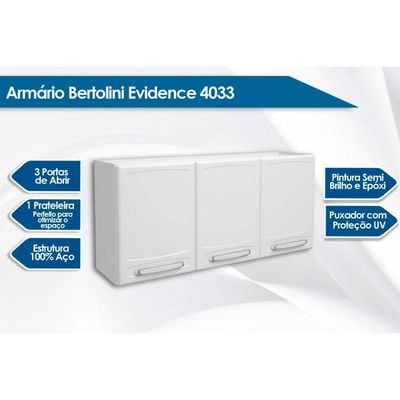 Armário Aéreo p/ Cozinha  Evidence 7008 3 Portas 120cm Branco - Bertolini