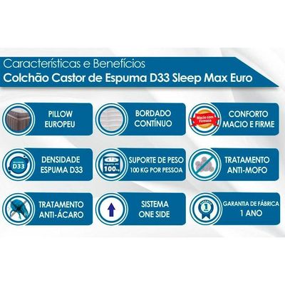 Colchão Casal Espuma D33  Sleep Max Euro Pillow (138x188x25) - Castor