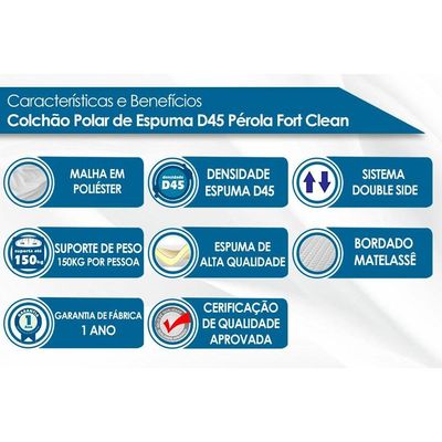 Cama Box Casal: Colchão Espuma D45 Polar  Pérola Clean + Base CRC Rústico Clean(138x188)