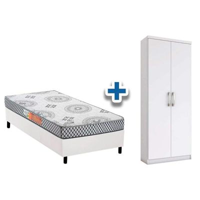 Cama Box Solteiro CRC + Pérola Polar + Armário Multiuso Margarida Branco