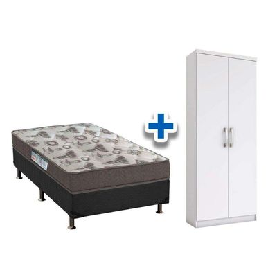 Cama Box Solteiro CRC + D33 Iso Ortobom + Armário Multiuso Margarida Branco