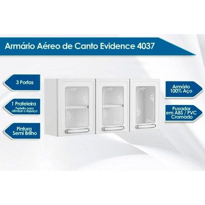 Armário Aéreo p/ Cozinha  Evidence 7009 3 Portas c/ Vidro 120cm Branco - Bertolini